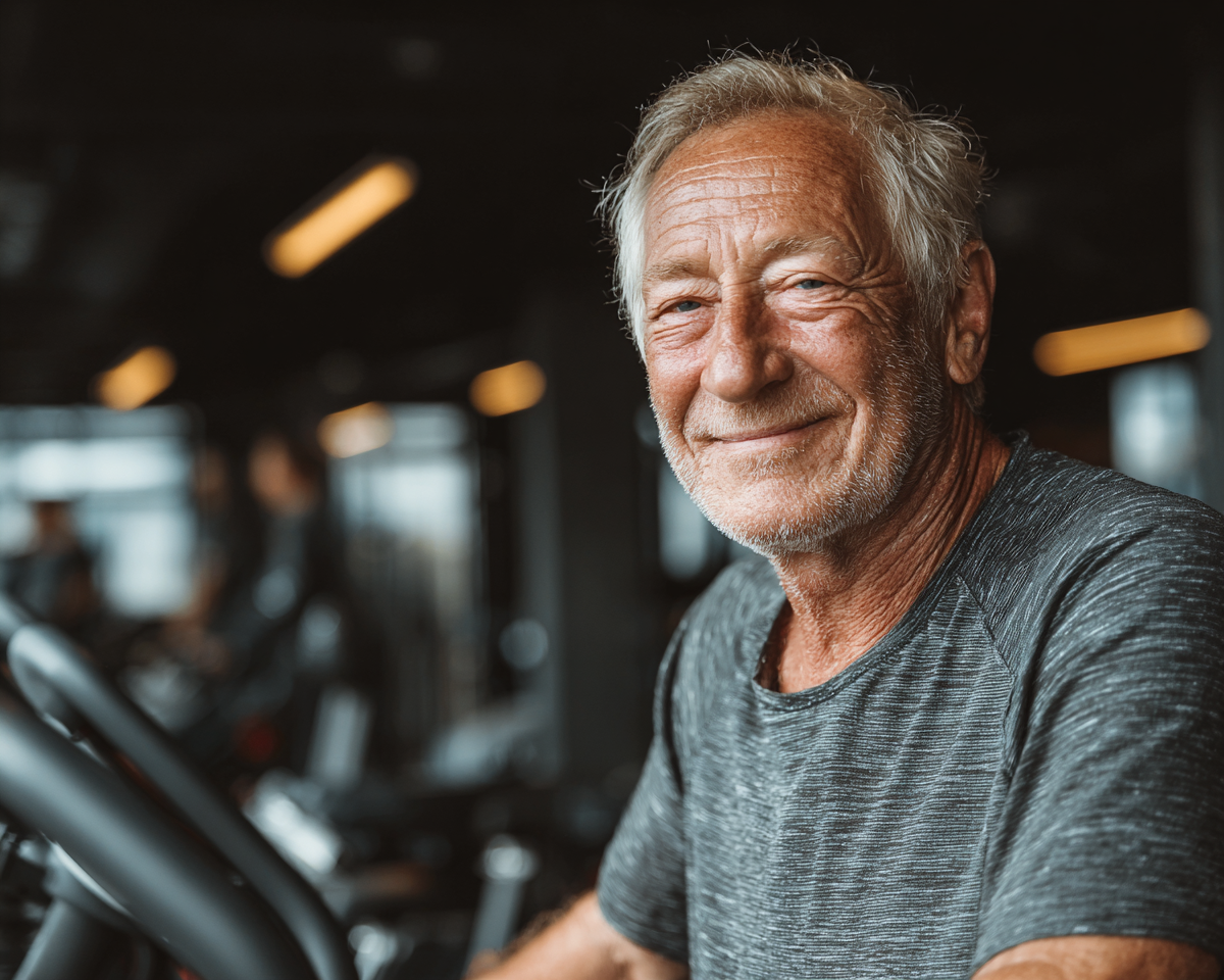 Senior activ în natură practicând exerciții de wellness