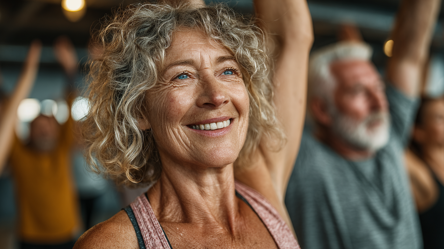 Grup de seniori practicând exerciții în aer liber într-un cadru natural pitoresc
